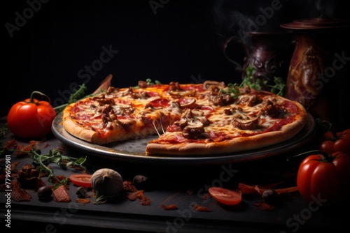 Delicious pizza on a porcelain platter against a dark background