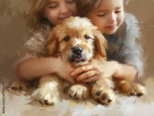 A painting of two girls hugging a puppy