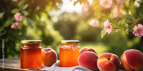 jars of homemade peach and freshly picked peaches on the table