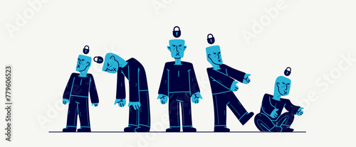 Social zombies vector concept, matrix and mind control, psychological dictatorship and totalitarian society and state, tyranny and restrictions, killing individuality.
