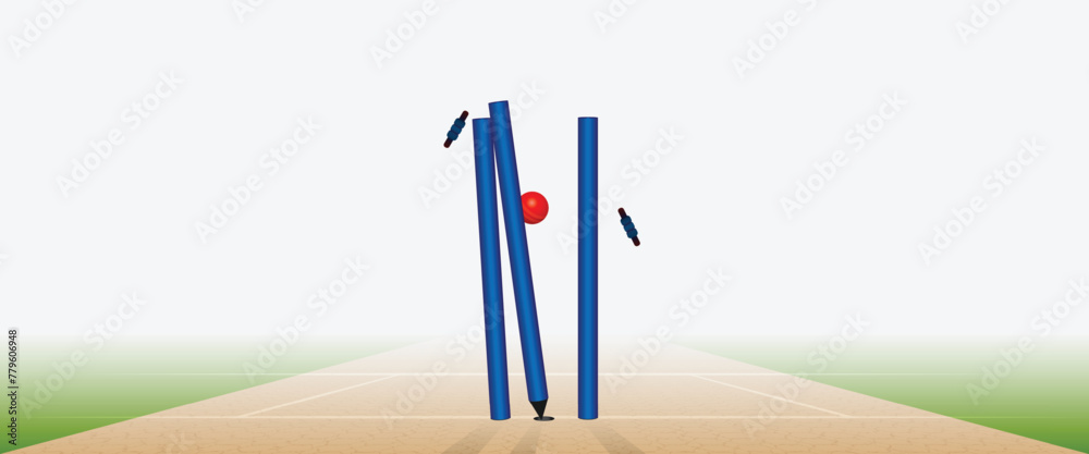 vector illustration of cricket ball hitting stumps - obrazy, fototapety, plakaty 