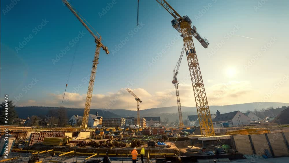 Time-lapse footage of a large construction site with several busy cranes in nice morning light, with emerging and dissolving clouds
