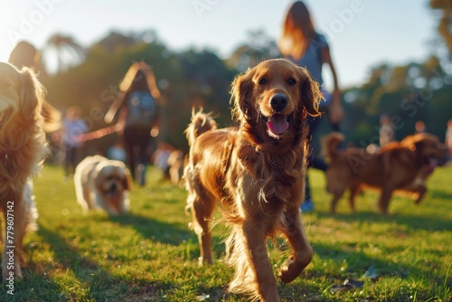 Dogs having fun with their owner at the park photo