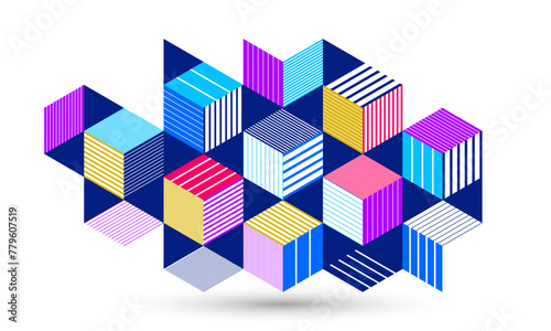 Abstract vector wallpaper with 3D isometric cubes blocks, geometric construction with blocks shapes and forms, cubic polygonal low poly theme.