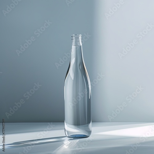 Liquid in glass bottle on grey table, in front of wall
