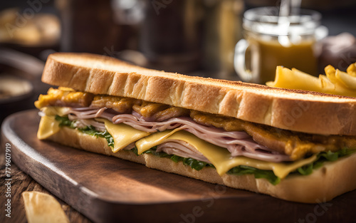 Cuban sandwich, pressed, golden crust, side view, warm, sunny street setting