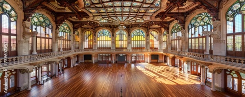 Majestic vintage hall with stained glass windows