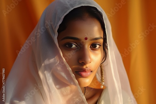  Indian woman wearing a white sari Participate in religious ceremonies sacred atmosphere People dress politely on a colored background.  photo