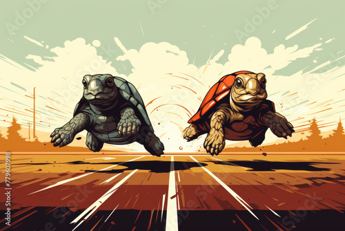 Two running turtles competing on race track, illustration for sports and competition concepts.