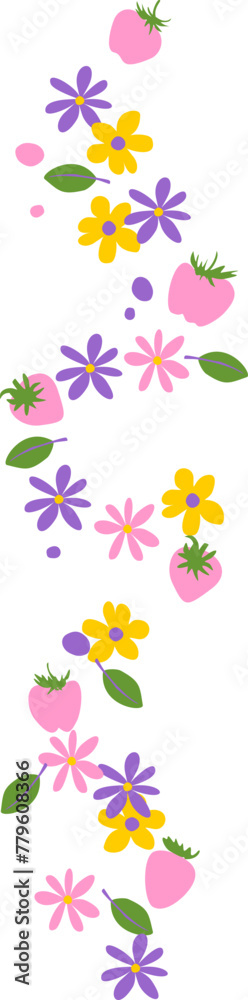 Colorful floral border. Purple and yellow simple summer flowers and strawberry