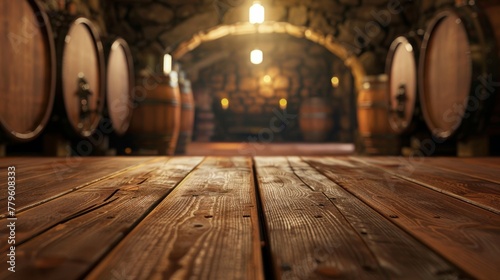 Vintage wine cellar interior with wooden barrels