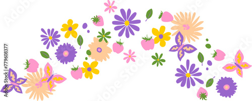 Colorful floral border. Purple and yellow simple summer flowers and strawberry