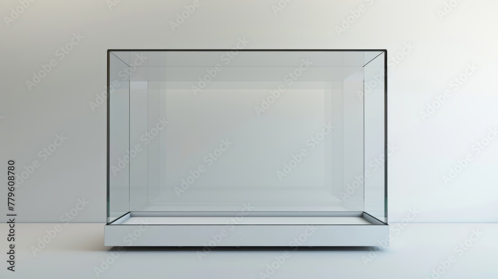 Minimalist glass display case on white background Minimalist glass display case on white background