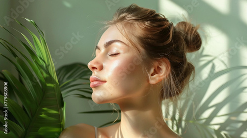 Portrait of a young woman with natural makeup and natural styling. Advertising natural cosmetics. Advertising for a beauty salon. Care cosmetics, face and body skin care.