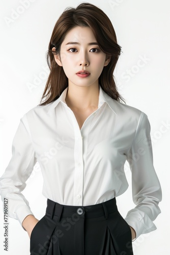 Full face no crop of a Pretty Young Korean Super Model in Business Casual Attire, donning a Button-Up Blouse and High-Waisted Pants, showcasing professional elegance with a confident pose