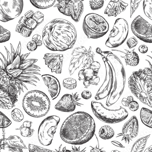 The vector seamless pattern in the style of a freehand drawing with exotic fruits and berries