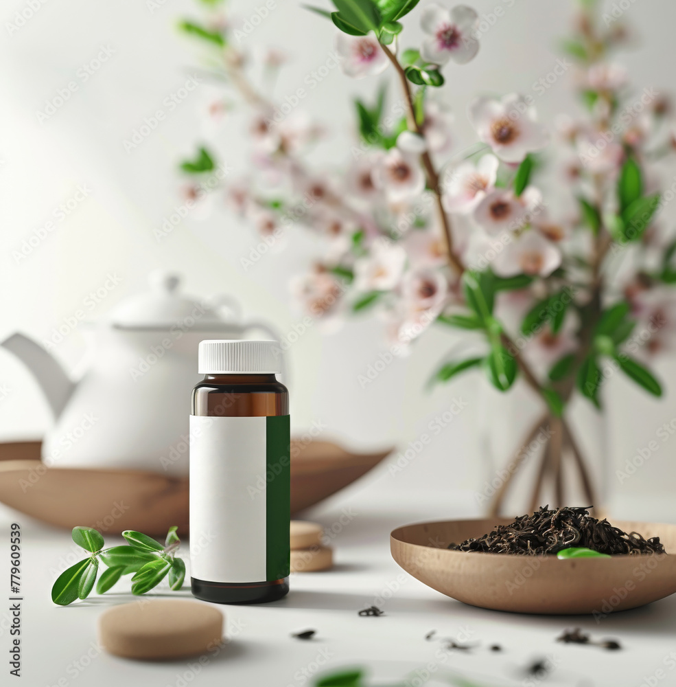 Oil supplement product photo, supplement complex, on a white tabletop and scattered black tea leaves Oil supplement product photo, supplement complex, on a white tabletop and scattered black tea leaves