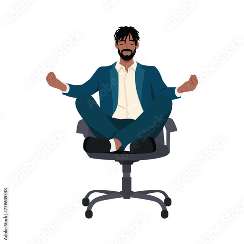 Black business man doing yoga at workplace in office. Worker sitting in padmasana lotus pose on chair. Flat vector illustration isolated on white background