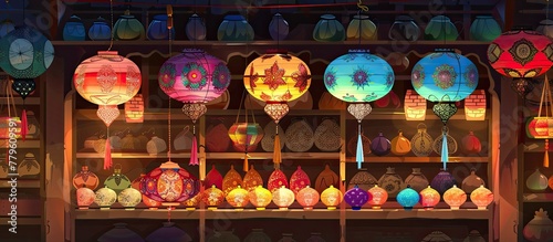 A multitude of vibrant lanterns adorn the ceiling of the store, creating a vivid display of colors. This artistic installation adds a touch of entertainment and ambiance to the building