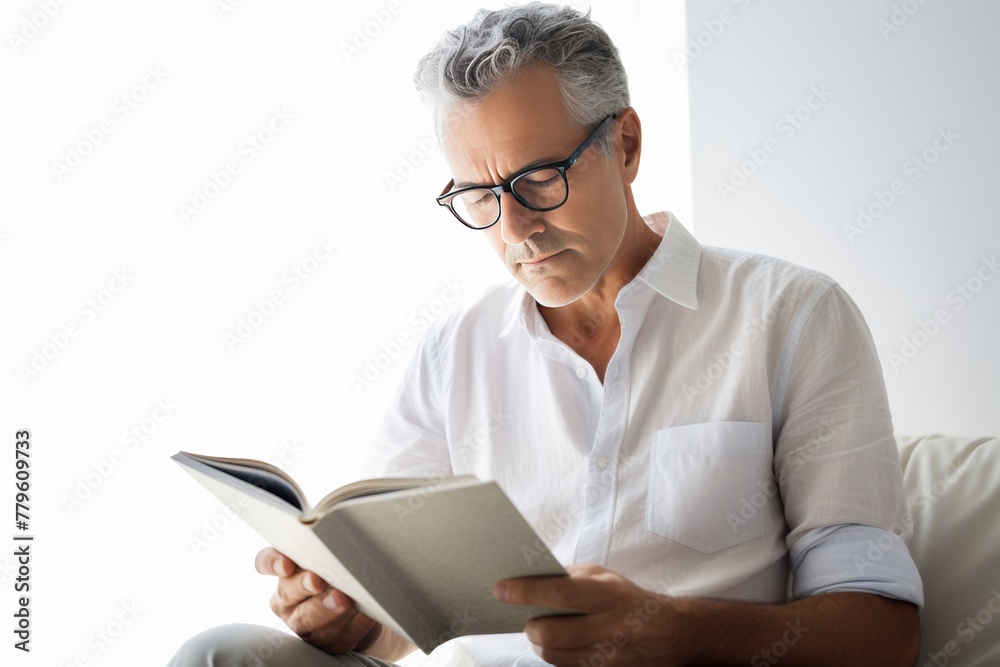 Middle-aged man reading a book. Peaceful, shady atmosphere Middle-aged man reading a book. Peaceful, shady atmosphere
