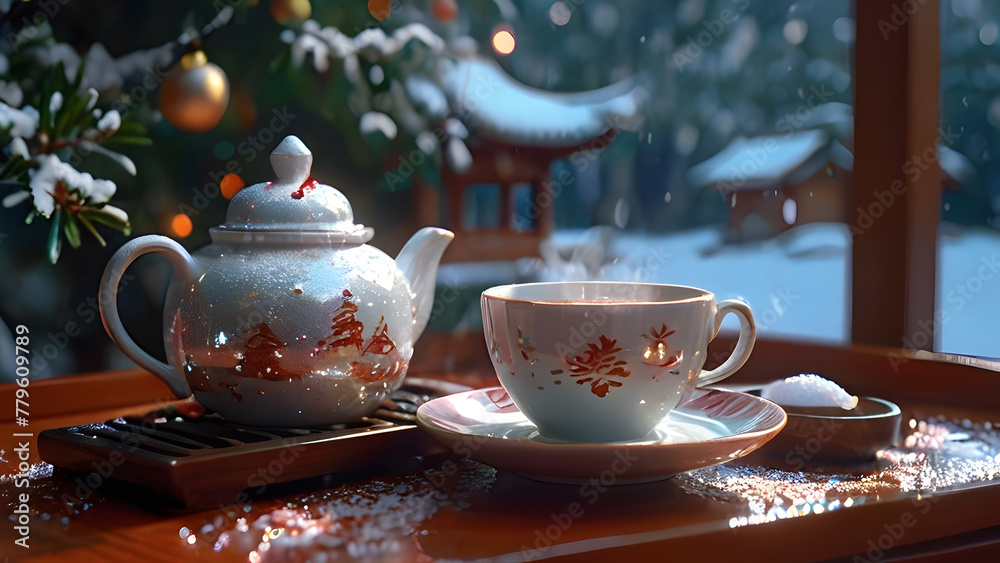 Fototapeta premium cup of tea, teapot from porcelain service. Christmas tea party breakfast on background of garlands and fir branches. cozy winter new year composition