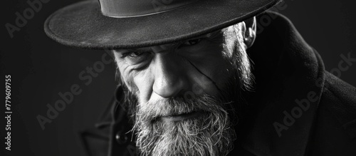 A monochrome portrait of a man with a beard  wearing a fedora hat. The jawline and wrinkles in his face are emphasized in this artistic black and white photo