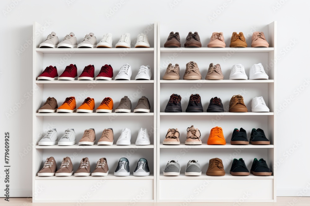 Modern design sneakers arranged on shelves 