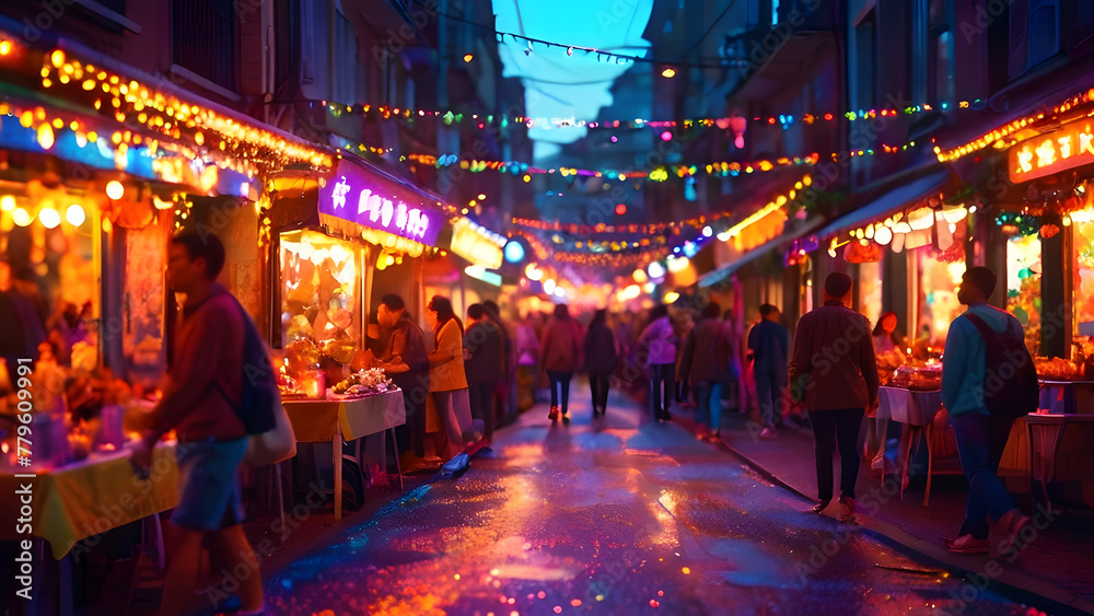 crowd of people walk along night street with souvenir shops, cafes with Asian food, shopping stalls. illuminated light bulbs, lanterns, garlands background