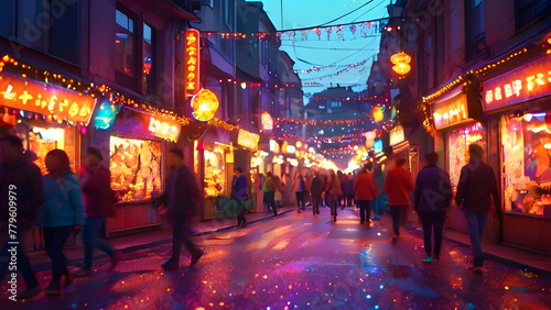 blurred background of people shopping at night market in city. Tourist and locals walking on street with plenty of shops with illuminated light bulbs, lanterns