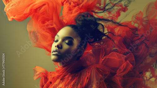 A woman in a vibrant red dress with her eyes closed, surrounded by flowing, gossamer-like material against a neutral background