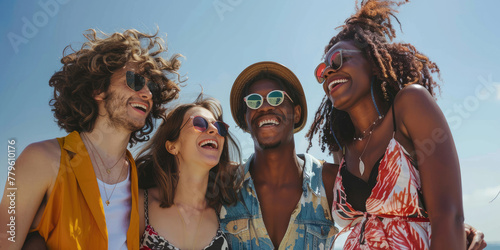 Group of four multiracial happy smiling friends wear eyeglasses, enjoying together during summer holidays outdoors at beach.
