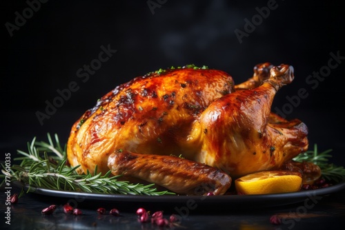 Exquisite roast chicken on a marble slab against a dark background