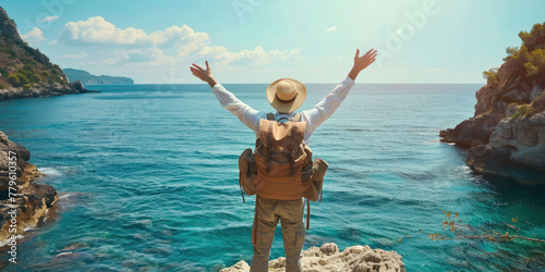 Rear view of happy man with backpack and hat, enjoying freedom raising hands and arms outstretched by the sea. Tourist enjoys freedom and life, during summer vacation by the seaside. Travel concept. © carlesmiro