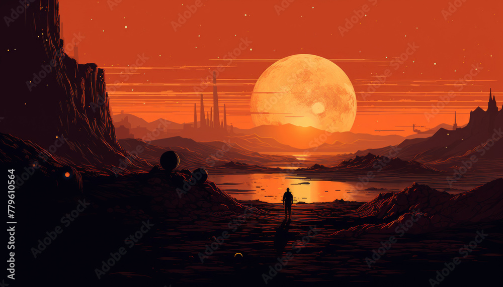 Dreamy sunset minimalistic fantasy landscape vector art