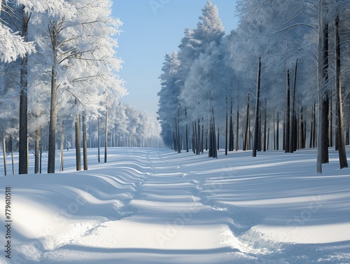A snowy forest with a path through it. The snow is white and the trees are bare © MaxK
