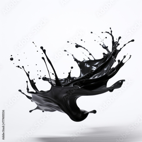 big Splash of shiny black paint on white background with its soft shadow