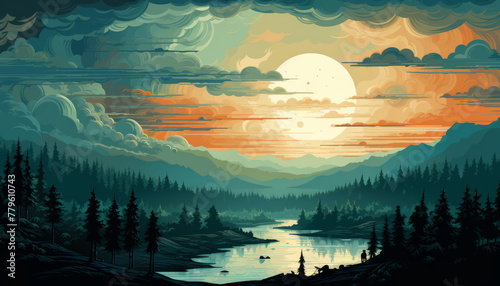 vector art illustration of sunset at the forest landscape