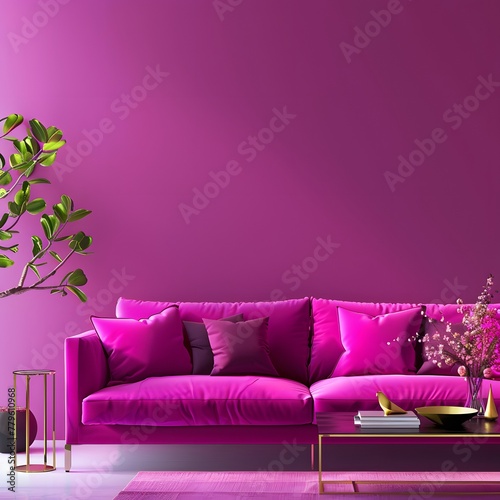 Vibrant Magenta Living  Trending Lounge with Invigorating Wall Mockup