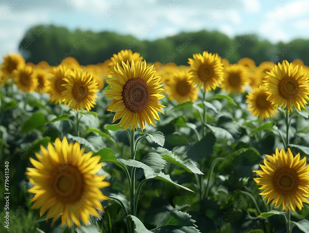 A field of yellow sunflowers with a single yellow flower in the foreground
