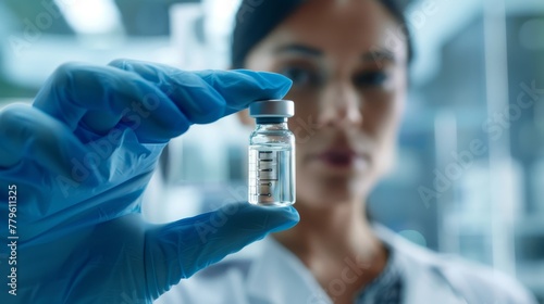 Female scientist in a laboratory holding a vial of a drug or vaccine.