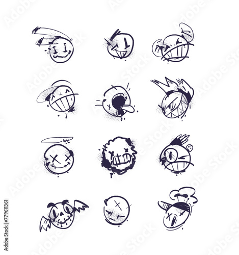 Spray graffiti faces. Spraying emoticon angry happy face, grunge paint emoji icons street art subculture graffiti circle smile character splatter brush, classy vector illustration