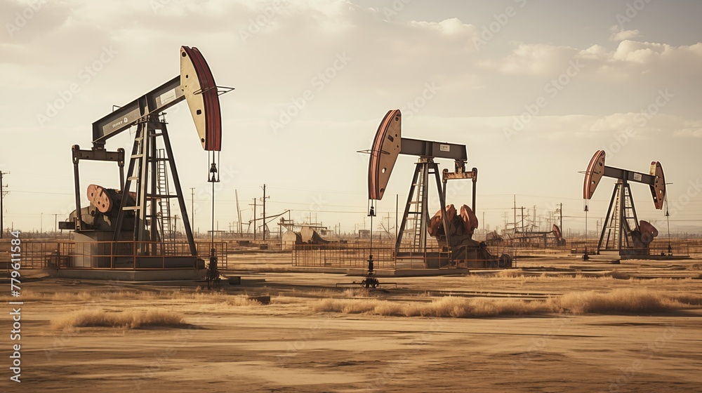 Distant photograph of working oil pumps, pumpjacks. Modern, new and clean pumps extracting raw oil. Distant photograph of working oil pumps, pumpjacks. Modern, new and clean pumps extracting raw oil.