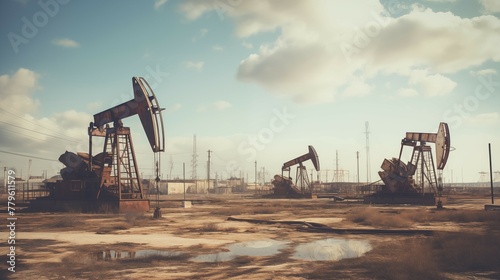 Distant photograph of working oil pumps, pumpjacks. Modern, new and clean pumps extracting raw oil.