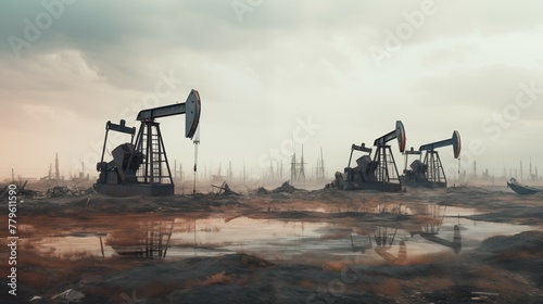 Distant photograph of working oil pumps, pumpjacks. Modern, new and clean pumps extracting raw oil. photo