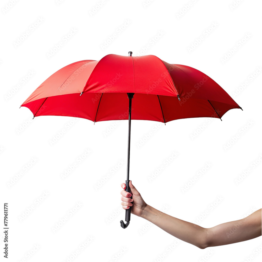 Hand holding red umbrella, isolated on transparent background.