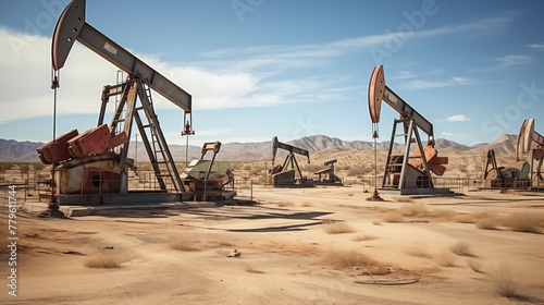 Distant photograph of working oil pumps, pumpjacks. Modern, new and clean pumps extracting raw oil.