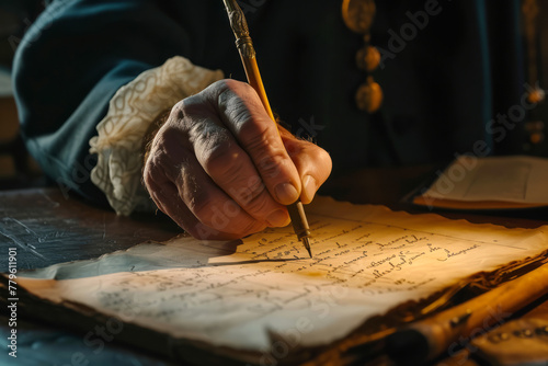 Hand of an old Renaissance man using ink writing something on papyrus with a pen close-up 