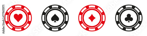 Poker chips black icons vector set. Playing poker concept. Isolated Casino poker chip logo. Poker symbols.