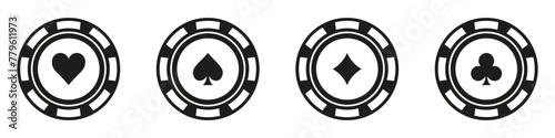 Poker chips black icons vector set. Playing poker concept. Isolated Casino poker chip logo. Poker symbols.