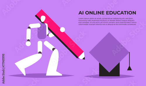 AI Online Education. Students study online with help of an AI robot Assistant. E-learning concept. Cute cartoon robot. Chatbot technology. Flat vector illustration.